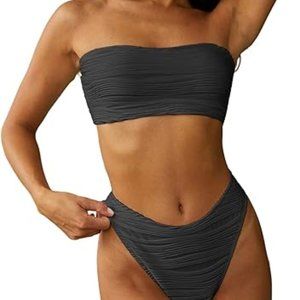Zaful - 2 pc Bandeau Ribbed Lace up Bikini Set - Medium - Dark Gray